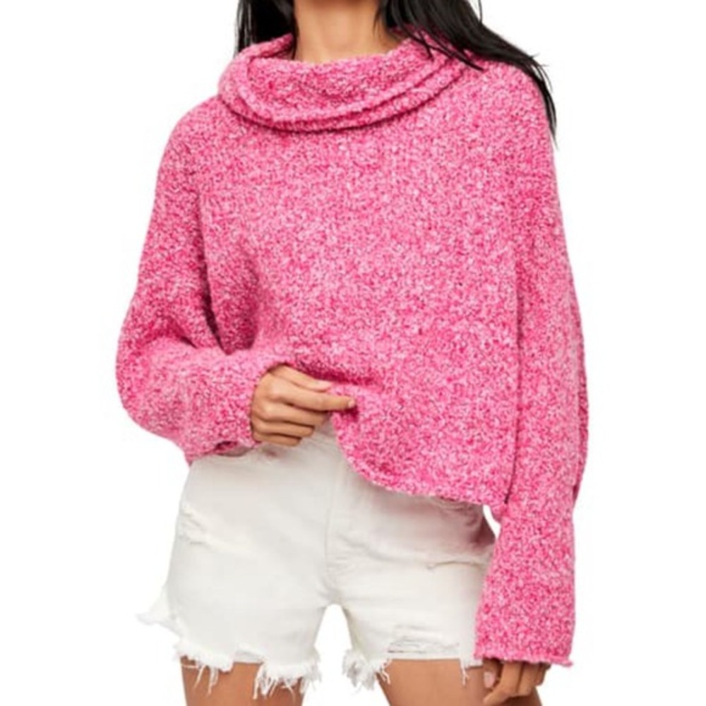 Free People BFF Cowl Neck Sweater Pink marled Chunky knit oversized boho XS